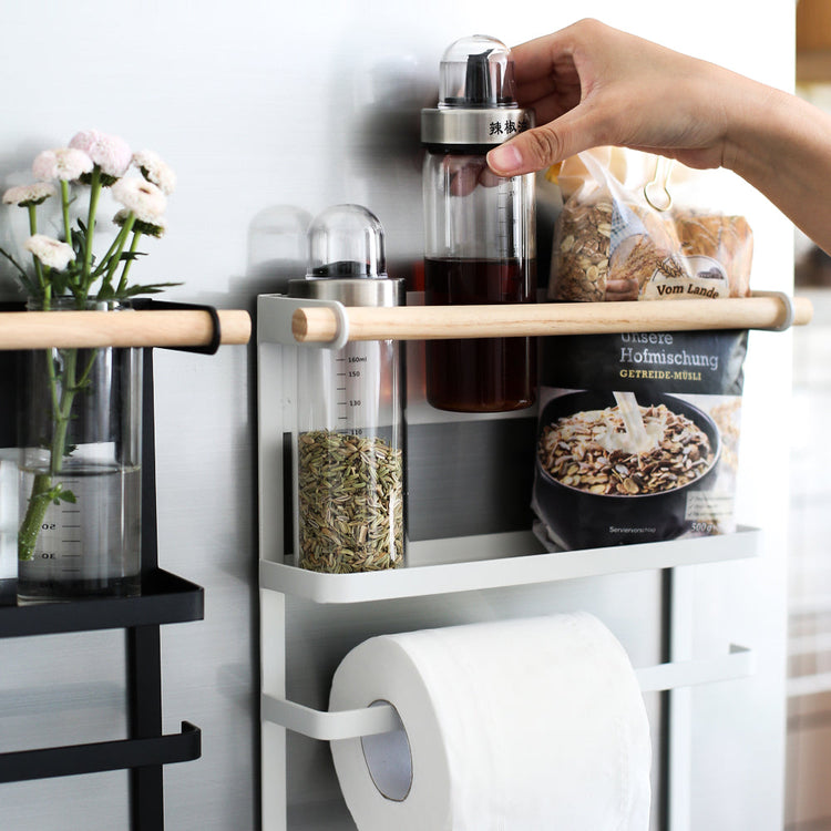 Wall-mounted magnetic refrigerator rack with hooks and kitchen storage shelves