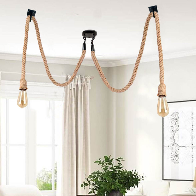 2 head industrial spider chandelier with hemp rope and black metal pendant lighting for vintage interiors