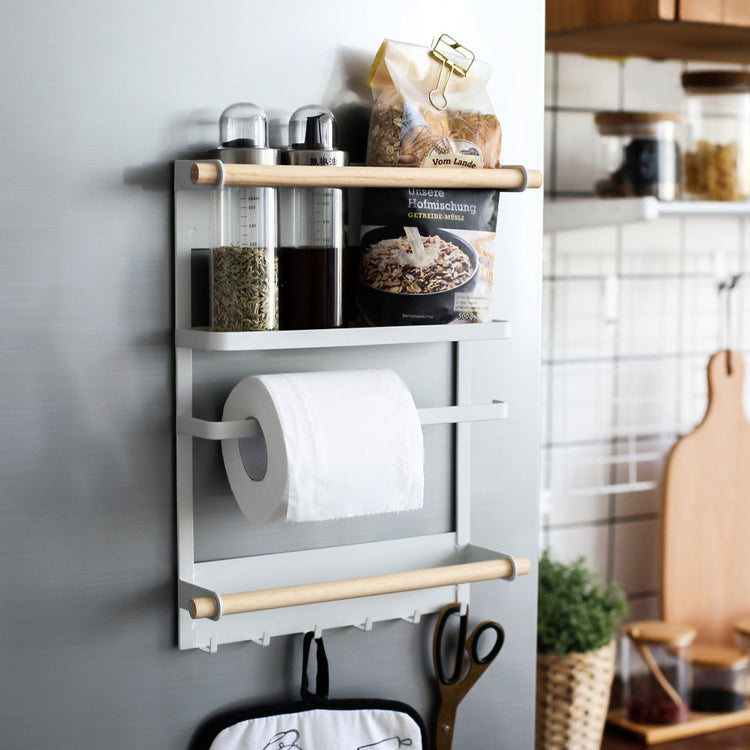 Wall-mounted magnetic refrigerator rack with hooks and kitchen storage shelves