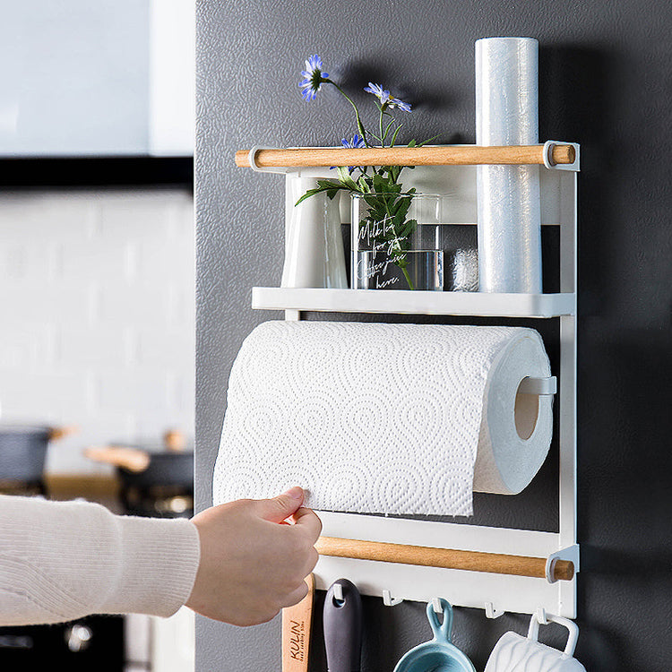 Wall-mounted magnetic refrigerator rack with hooks and kitchen storage shelves