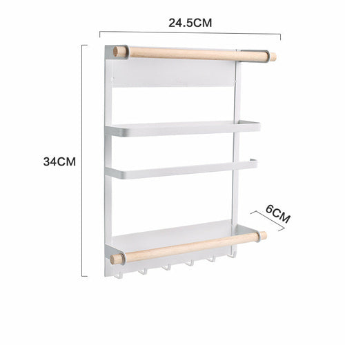 Wall-mounted magnetic refrigerator rack with hooks and kitchen storage shelves