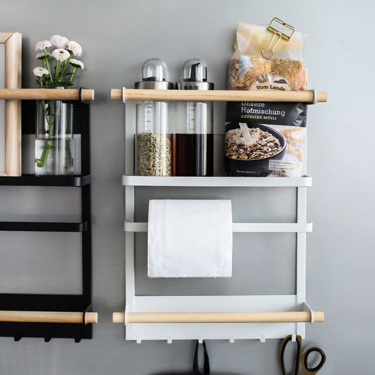 Wall-mounted magnetic refrigerator rack with hooks and kitchen storage shelves