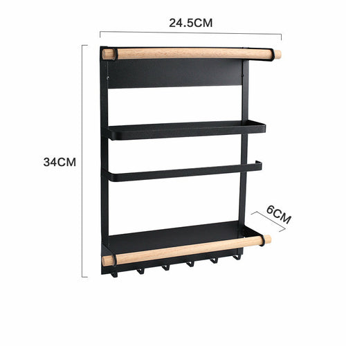 Wall-mounted magnetic refrigerator rack with hooks and kitchen storage shelves