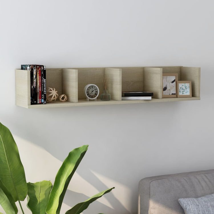 White chipboard CD wall shelf with four open compartments for media storage