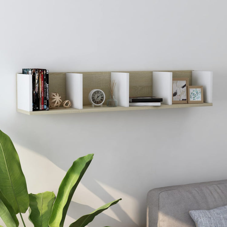 White chipboard CD wall shelf with four open compartments for media storage