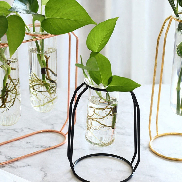 Nordic style flower vase made of iron and glass with a modern minimalist design