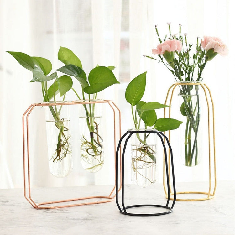 Nordic style flower vase made of iron and glass with a modern minimalist design
