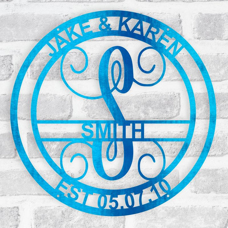Custom metal monogram wall sign with circle vine design and personalized family name – indoor or outdoor decor