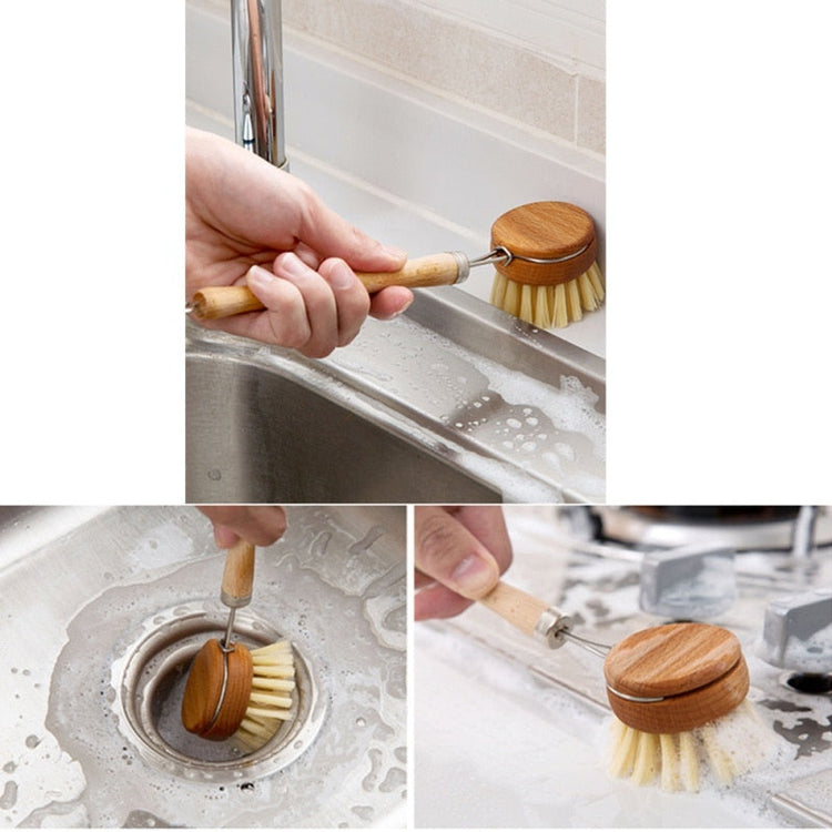 Eco-friendly kitchen brush with wooden handle and natural bristles – sustainable dish scrubber for zero-waste cleaning