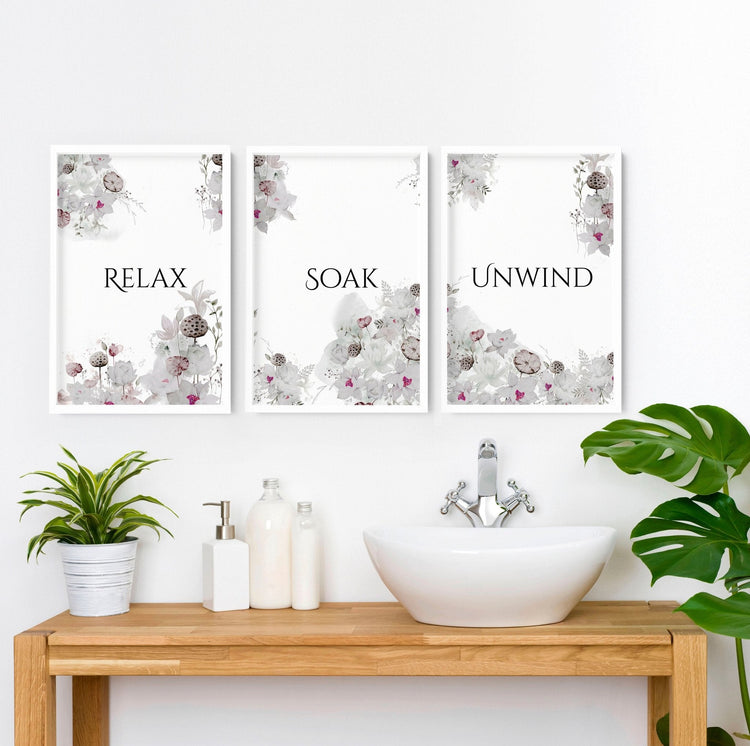 Rustic Country Bathroom Wall Decor Set of 3 Botanical Prints for Farmhouse Style
