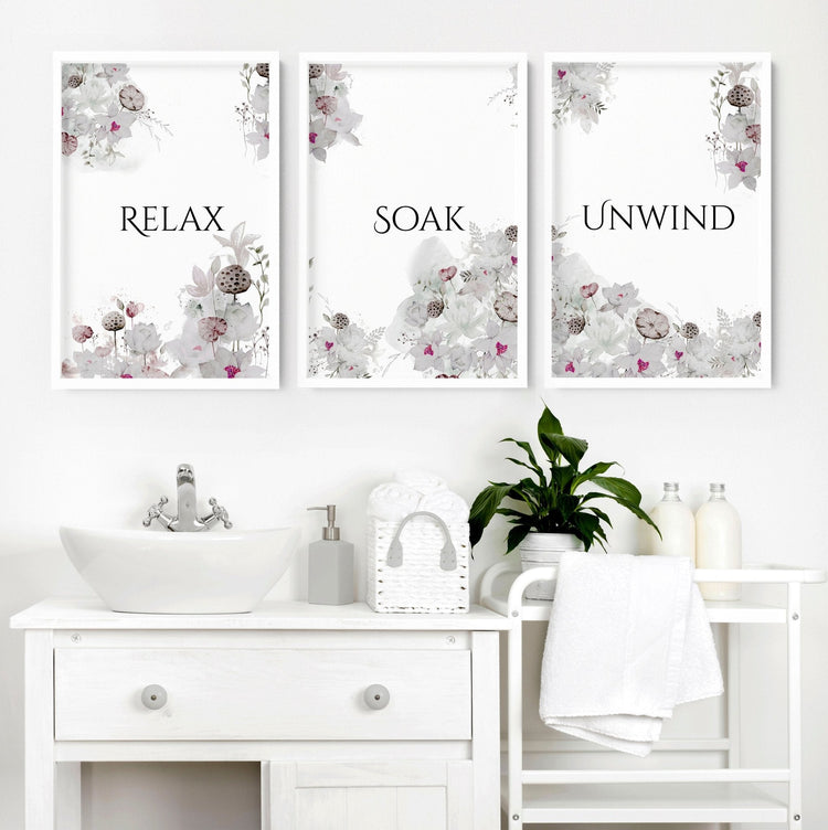 Rustic Country Bathroom Wall Decor Set of 3 Botanical Prints for Farmhouse Style