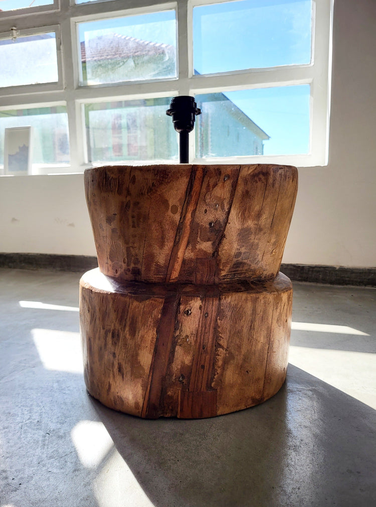 Hand carved teak wood rustic table lamp with round wooden base, no lampshade