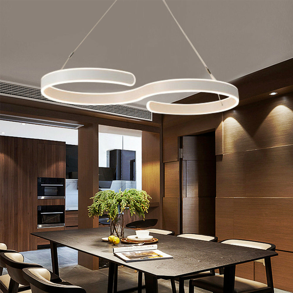 Modern LED ceiling light with swirl-shaped acrylic design and adjustable hanging wire, perfect for living rooms, dining rooms, or modern spaces