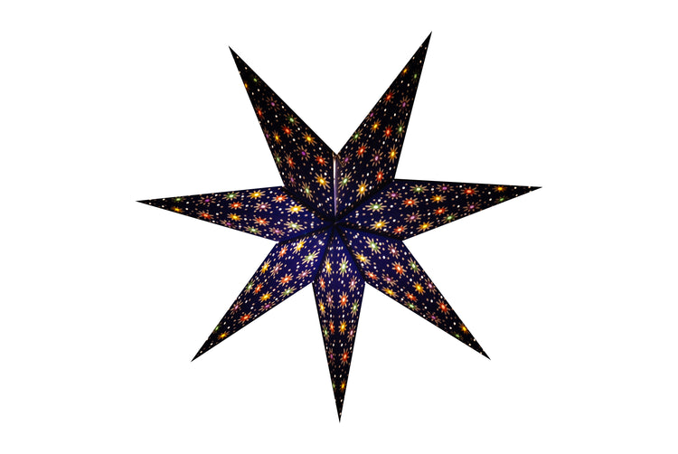 Handmade 7-pointed paper star lantern in deep blue with colorful inserts, flatpacked hanging decor
