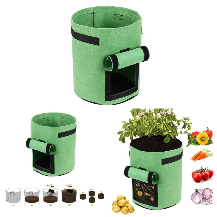 7-gallon potato grow bag with harvest window and side handles, made from breathable non-woven fabric