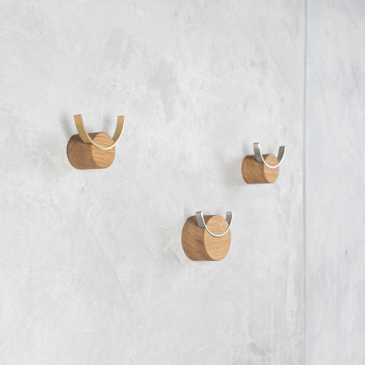 Wooden wall hook made from oak and brass, perfect for coats, keys, and decor