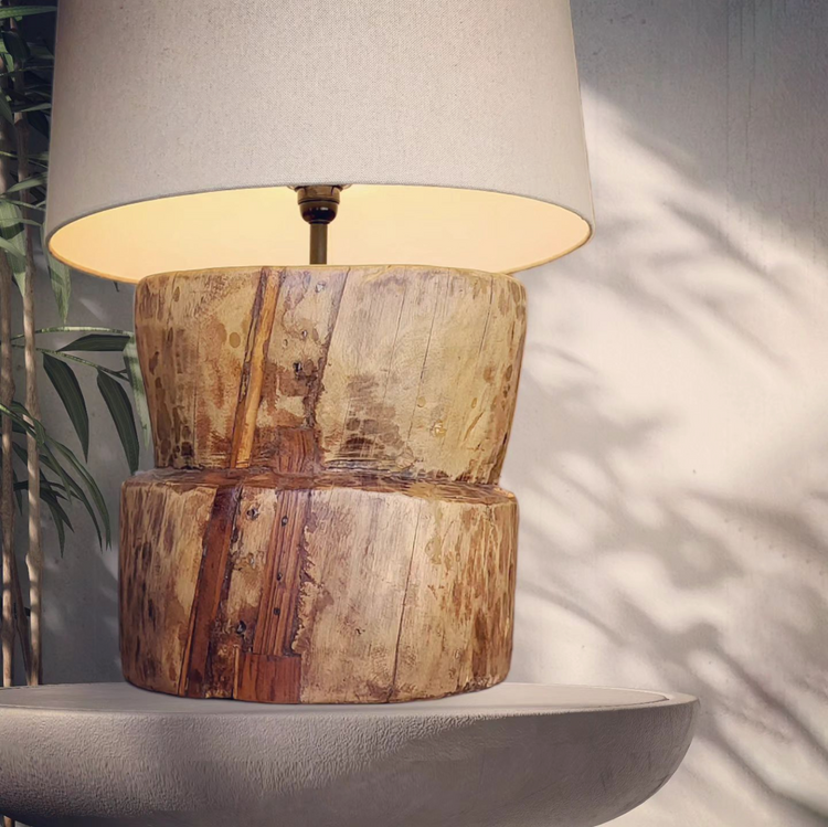 Hand carved teak wood rustic table lamp with round wooden base, no lampshade