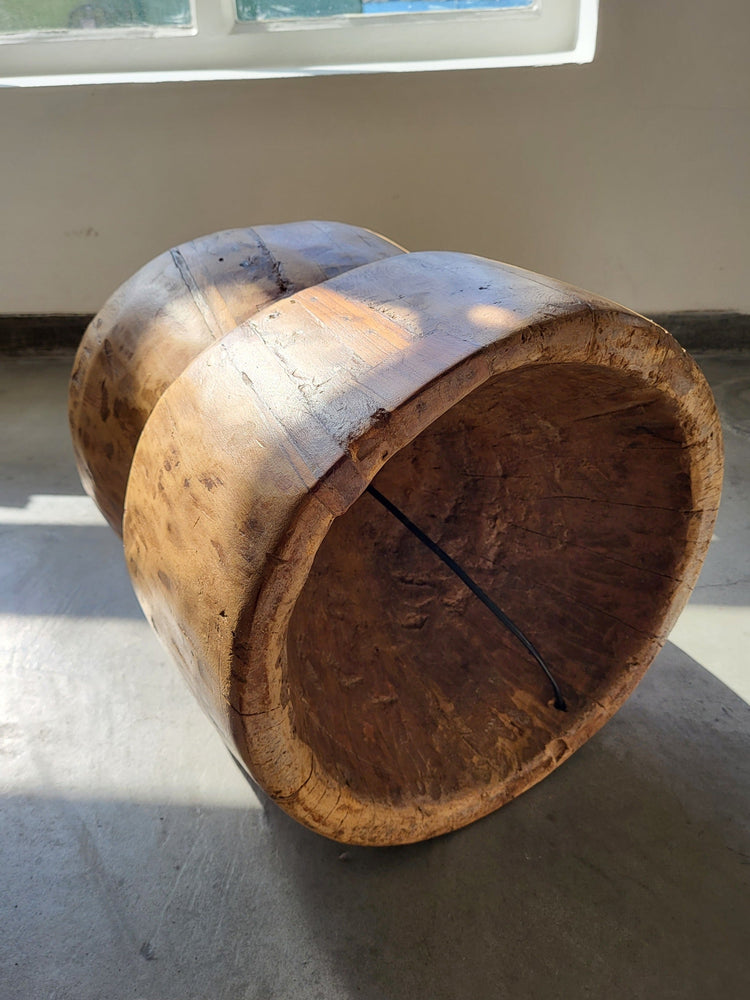 Hand carved teak wood rustic table lamp with round wooden base, no lampshade