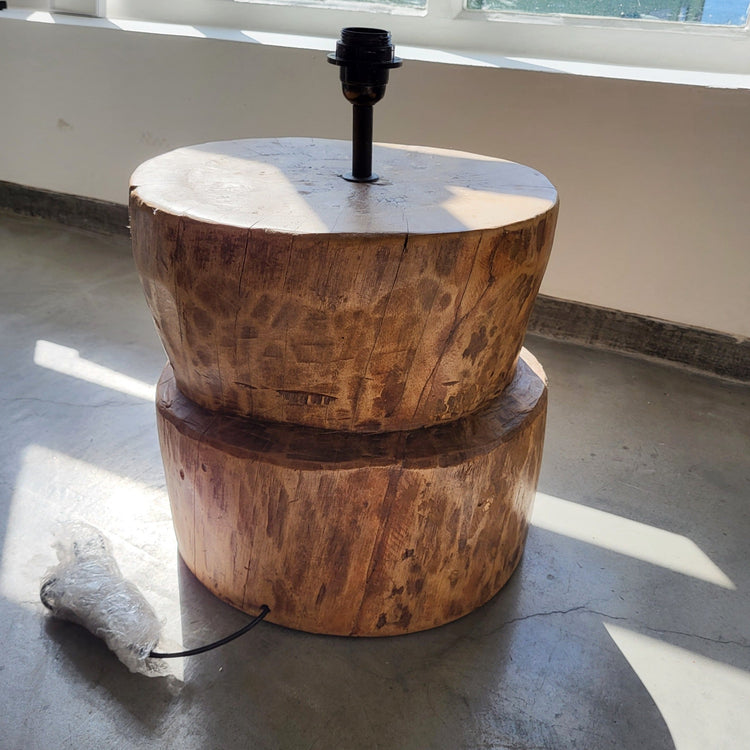 Hand carved teak wood rustic table lamp with round wooden base, no lampshade