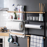 Wall-mounted magnetic refrigerator rack with hooks and kitchen storage shelves