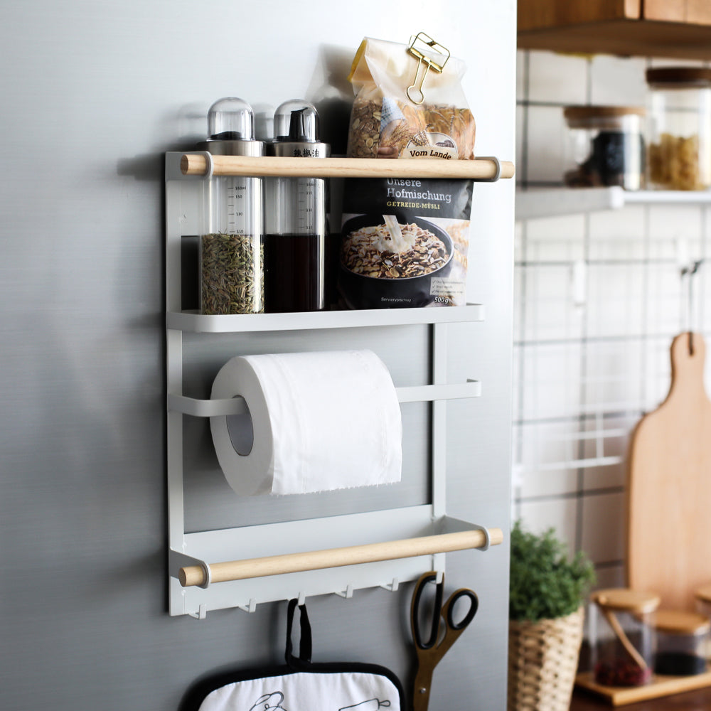 Wall-mounted magnetic refrigerator rack with hooks and kitchen storage shelves