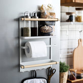 Wall-mounted magnetic refrigerator rack with hooks and kitchen storage shelves