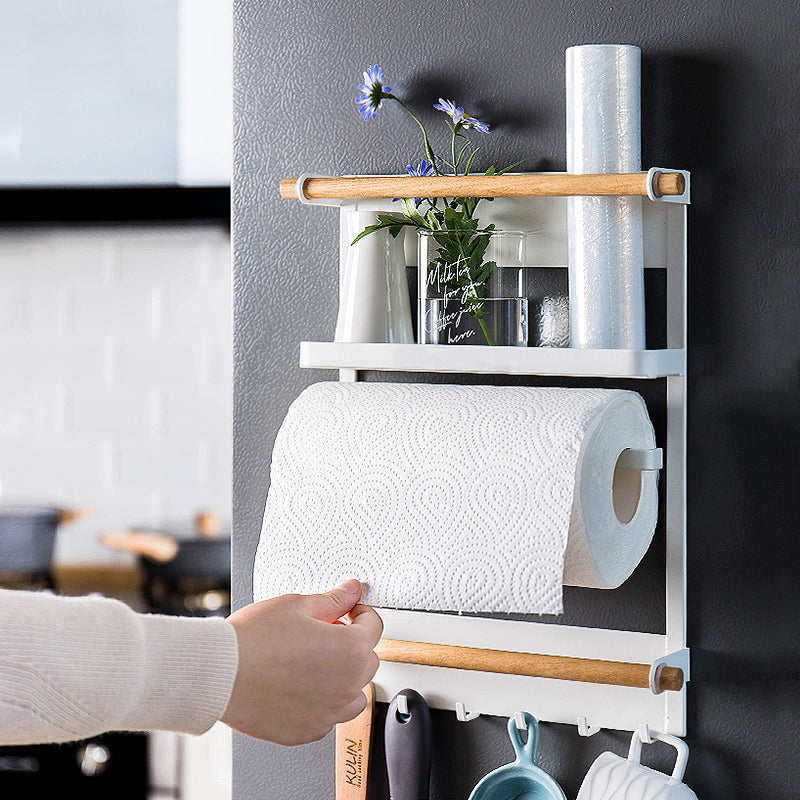 Wall-mounted magnetic refrigerator rack with hooks and kitchen storage shelves