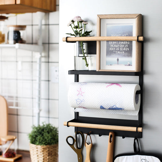 Wall-mounted magnetic refrigerator rack with hooks and kitchen storage shelves