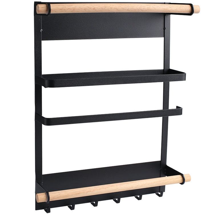 Wall-mounted magnetic refrigerator rack with hooks and kitchen storage shelves