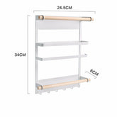 Wall-mounted magnetic refrigerator rack with hooks and kitchen storage shelves