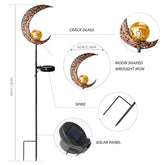 Wrought iron solar lawn light with moon design and warm LED for garden or patio use