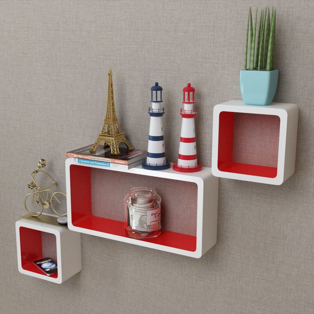 6-piece black and white wall cube shelves mounted in creative layout on white wall