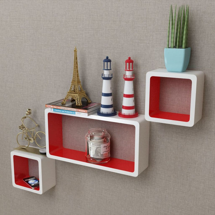 6-piece black and white wall cube shelves mounted in creative layout on white wall