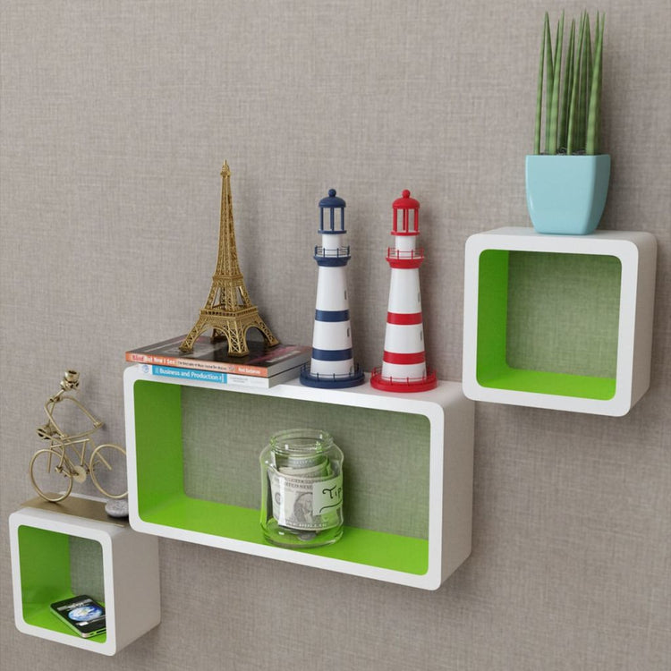 6-piece black and white wall cube shelves mounted in creative layout on white wall