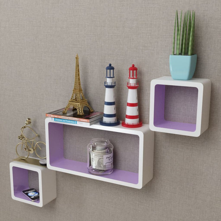6-piece black and white wall cube shelves mounted in creative layout on white wall