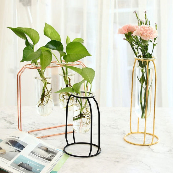 Nordic style flower vase made of iron and glass with a modern minimalist design