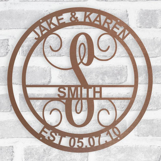 Custom metal monogram wall sign with circle vine design and personalized family name – indoor or outdoor decor
