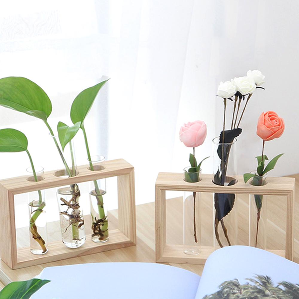 glass hydroponic plant vases Creative Wooden Frame Hydroponic Plant Container Glass Light Bulb Vase Home Desktop Decoration Vase Beaker Glass Flowerpot 