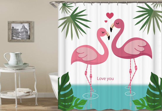  Flamingo Shower Curtain with Pink Lovebirds and Tropical Leaves