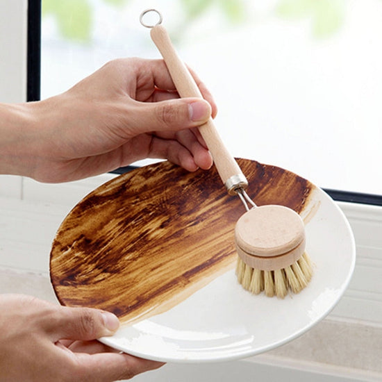 Eco-friendly kitchen brush with wooden handle and natural bristles – sustainable dish scrubber for zero-waste cleaning
