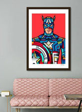 Framed Captain America wall art print with solid wood vector frame and acrylic protection, ideal for Marvel fans and superhero collectors.