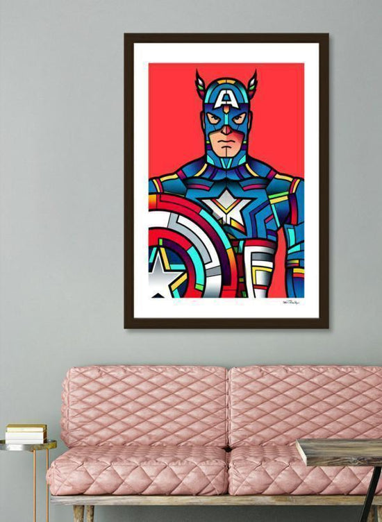 Framed Captain America wall art print with solid wood vector frame and acrylic protection, ideal for Marvel fans and superhero collectors.