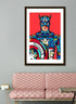 Framed Captain America wall art print with solid wood vector frame and acrylic protection, ideal for Marvel fans and superhero collectors.