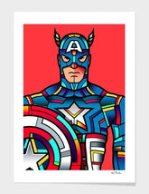 Framed Captain America wall art print with solid wood vector frame and acrylic protection, ideal for Marvel fans and superhero collectors.