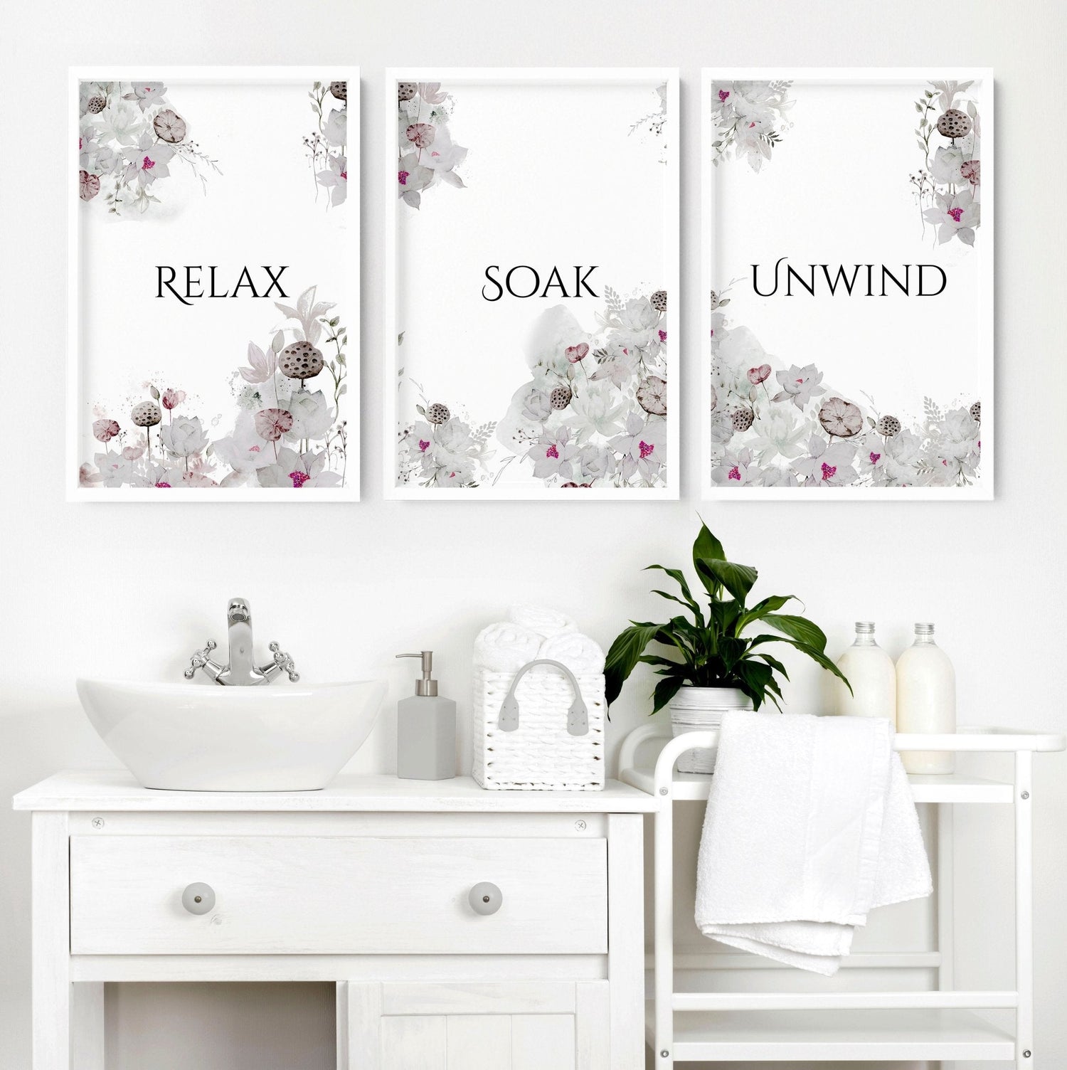 Rustic Country Bathroom Wall Decor Set of 3 Botanical Prints for Farmhouse Style