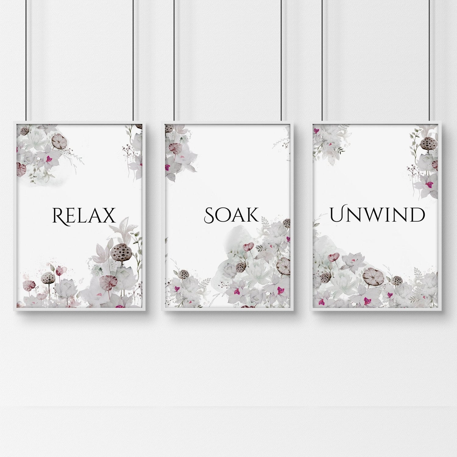 Rustic Country Bathroom Wall Decor Set of 3 Botanical Prints for Farmhouse Style