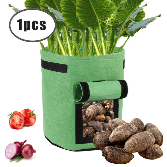 7-gallon potato grow bag with harvest window and side handles, made from breathable non-woven fabric