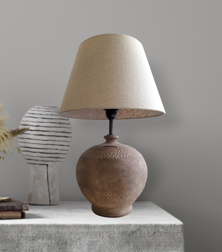 Handmade terracotta table lamp with rustic Portuguese clay finish, no lampshade