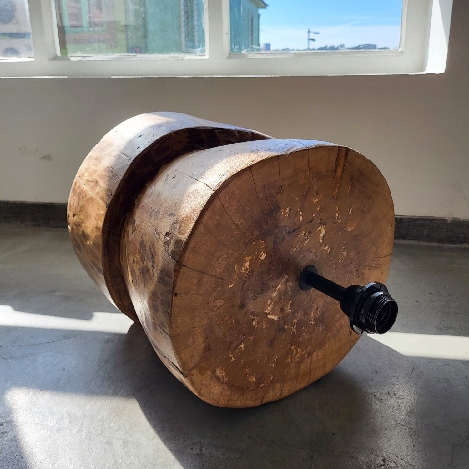 Hand carved teak wood rustic table lamp with round wooden base, no lampshade