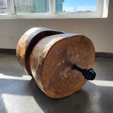 Hand carved teak wood rustic table lamp with round wooden base, no lampshade